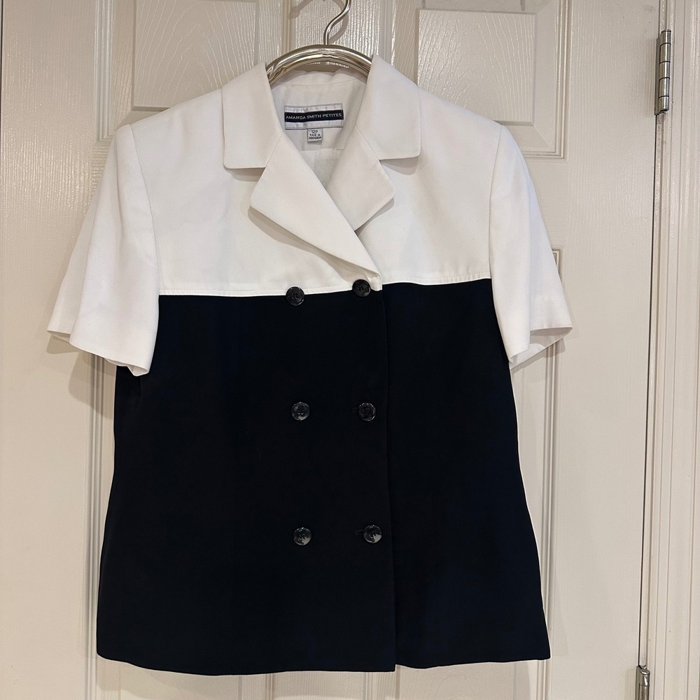 Amanda Smith Petites Black White Colorblock Double Breasted Blazer Top 12P